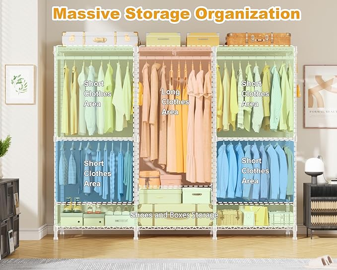 E14 Pro Heavy Duty Clothes Rack，Freestanding Clothing Racks for Hanging Clothes，Adjustable Closet Organizers and Storage，Metal Garment Rack with Shelves 69"W x16"D x77"H，Max Load 960LBS，White