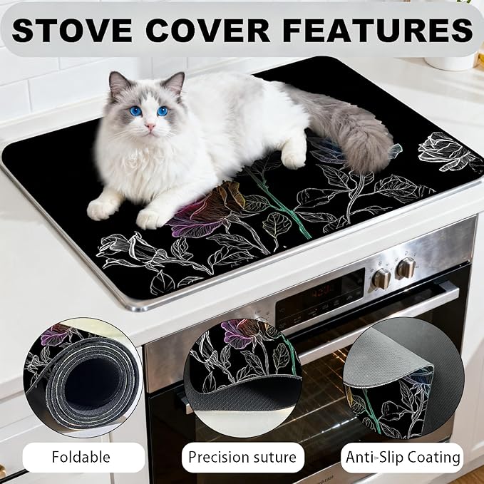 Glass Stove Top Covers for Electric Stove, Heat Resistant Counter Protector Mat, Non Slip Waterproof Surface Cover for Kitchen Counter and Cooktop (Neon Rose Trio, 28"L x 20"W)