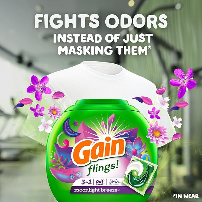 Gain Flings Laundry Detergent Pacs, 42 Count, Moonlight Breeze Scent, 3 in 1 HE Detergent Pacs with Oxi Boost and Febreeze