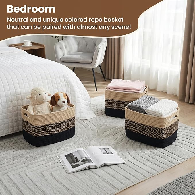 Storage Baskets for Organizing, 14 x 10 x 9” Closet Shelf Woven Baskets, Square Bins with Handles, Cotton Rope Basket for Toys, Clothes, Office, Room, Black+Brown 1Pack