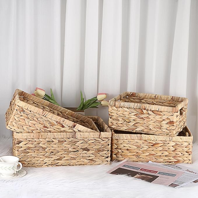 Hipiwe Water Hyacinth Storage Basket Bin Handwoven Decorative Basket Wicker Basket Box with Handles Small Open Home Storage Bins Containers for Shelf Pantry Organizing,12”x9"