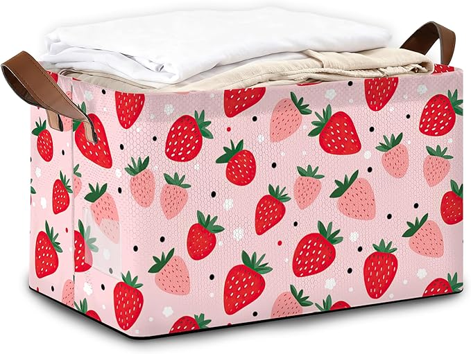 Storage Bin with Handles, Cute Strawberry Collapsible Laundry Baskets for Books, Laundry - Use in Nursery, Closet Organizers and Storage, Blanket Basket
