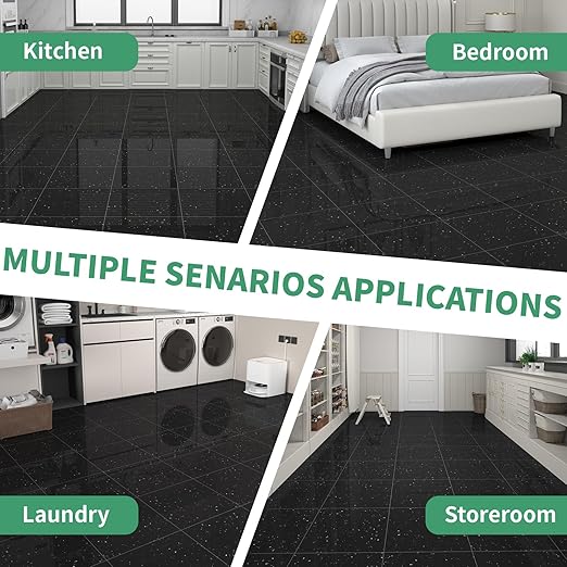 20-Pack 20 Sq.Ft Peel and Stick Floor Tiles Vinyl Glossy Pattern Flooring, 12” x 12” Self Adhesive Vinyl Flooring DIY for Kitchen, Bathroom, Laundry, Polish Black Galaxy Marble