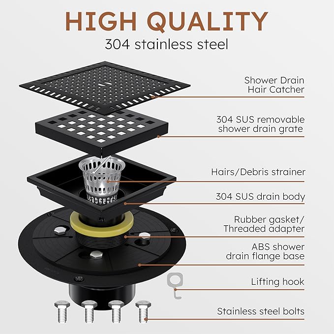 4 Inch Square Black Shower Drain Kit with Flange & Lifting Hook, Modern Floor Drain with Removable Quadrato Pattern Grate, Stainless Steel SUS 304 (Matte Black, 4 Inch)