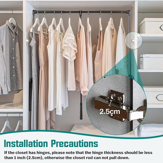 Pull Down Closet Rod, Adjustable 35-47.6 Inch Wardrobe Lift Rail Organizer Two-way Buffering Heavy Duty Wardrobe Hanger for Cabinet, Organizer Storage System Side Mounted, 33 lbs Load Capacity