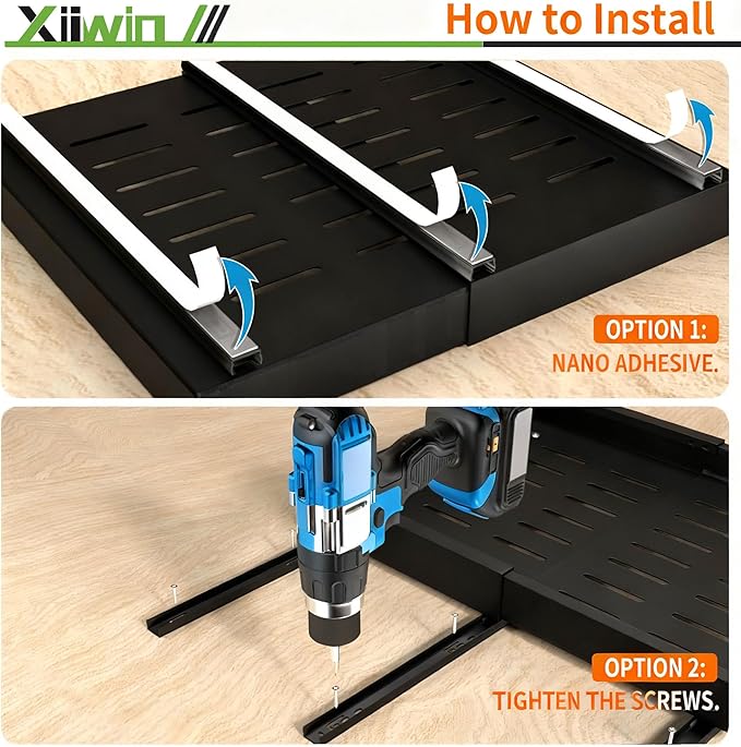 Pull out Cabinet Organizer 21" Depth (12.6-20.5 inch Width) Slide Roll Out Drawers Expandable Adjustable Shelves for Kitchen Bathroom Pantry Adhesive Nano Film 3 Slide Rails Black, 2pcs