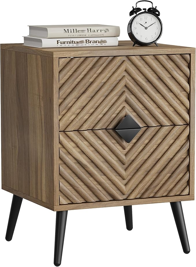 Smuxee Walnut Wooden Nightstand with 2 Drawers, Mid Century Night Stand with Fluted Diamond Doors, Bedside Table with Metal Feet, Modern End Side Table for Bedroom