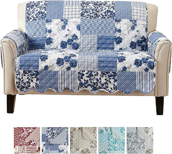 Great Bay Home Reversible Patchwork Loveseat Cover - Washable Slipcover Furniture Protector with Elastic Straps - Couch Cover for Dogs, Kids, and Pets - Box-Stitched Detail (Loveseat, Navy)