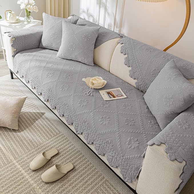 Cotton Quilted Dog Couch Cover for Sofa Farmhouse Rustic Embroidery Sectional Couch Cover Soft Anti-Slip Sofa Slipcover Furniture Protector for Kids, Pets (Grey,36"x70")