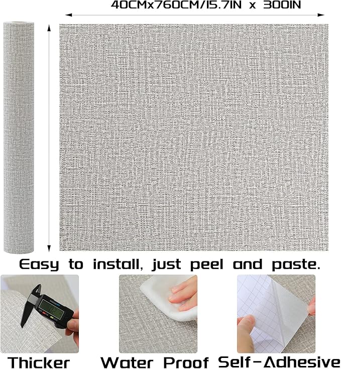 Peel and Stick Wallpaper Grey Grass Cloth Wall Paper - 15.7 x 300 Inch Self Adhesive Wallpaper Peel and Stick, Easy to Paste Wall Contact Paper for Stand Liner, Table and Door Makeover Decor