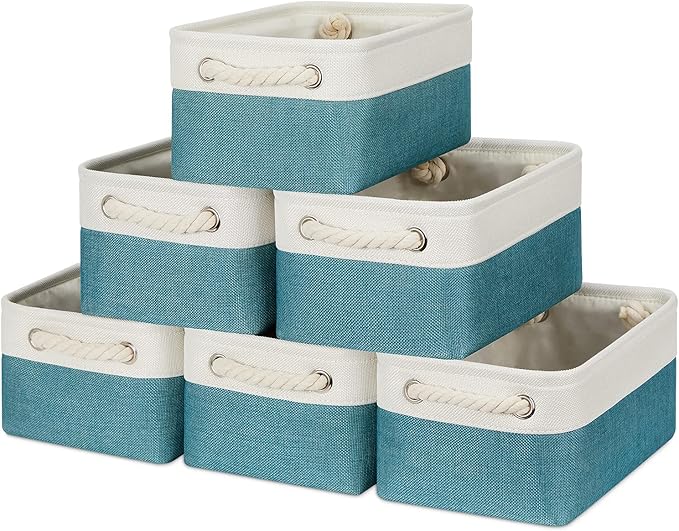 Bidtakay Fabric Baskets for Organizing Closet Set of 6 Small Storage Bins 11.8 X 7.8 X 5 Inches Decorative Storage Baskets for Shelves Foldable Bins for Cube Organizer Rectangular(White&Teal Blue)