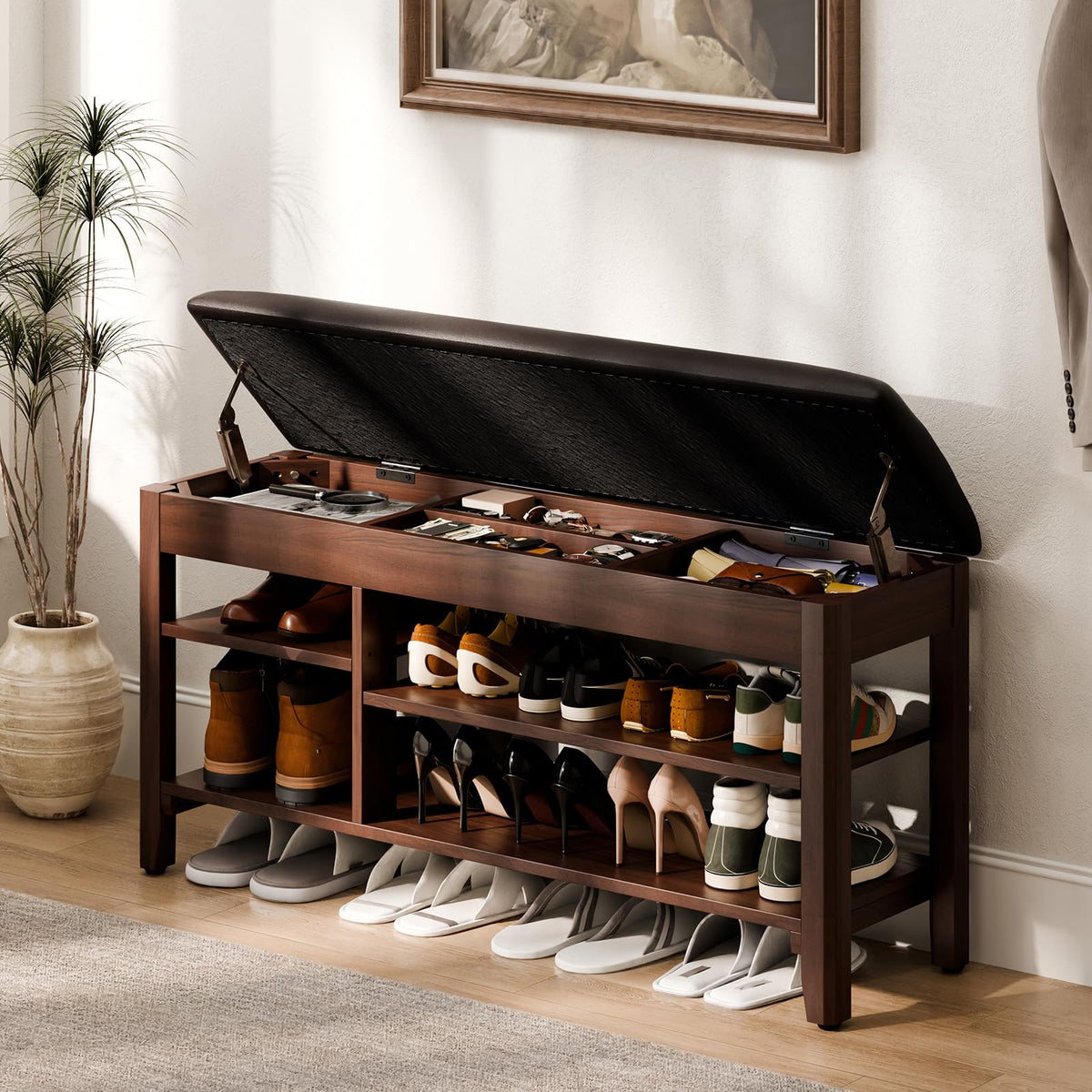 Shoe Rack Storage Bench, 39.3" Wide Solid Rubberwood - Image 1