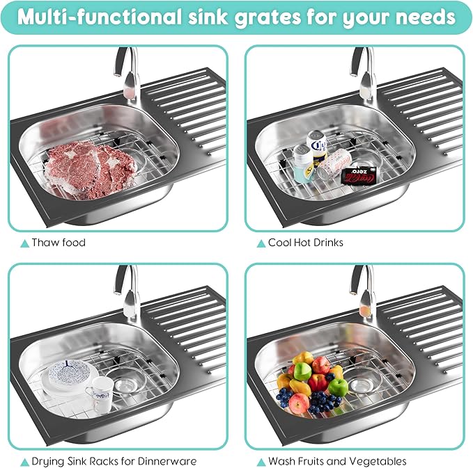 2Pack Sink Protectors for Kitchen Sink 13.1''x11.6''x1'', 304 Stainless Steel for Kitchen Sink Grate with Rear Drain, Sink Grate Sink Rack for Bottom of Sink with 2Pack Sink Strainers
