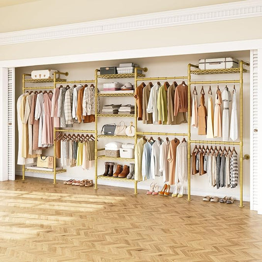 H5 Wall Mounted Closet System, Industrial Pipe Clothes Racks Clothing Rack with 4 Telescopic Rods & 3 Fixing Rods & 9 Shelves, Heavy Duty Closet Organizers and Storage in Wardrobe Closet (Gold)