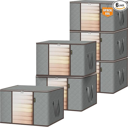 BALEINE 6 Pack Clothes Storage Bags, 16 Gallon Storage Containers with Reinforced Handle, Sturdy Zipper, Closet Organizer for Blanket, Comforter, Pillow, Bedding (Grey, 6 Pack)