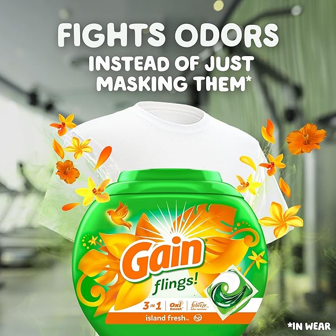 Gain Flings Laundry Detergent Pacs, 60 Count, Island Fresh Scent, with Odor Defense, concentrated laundry soap pacs