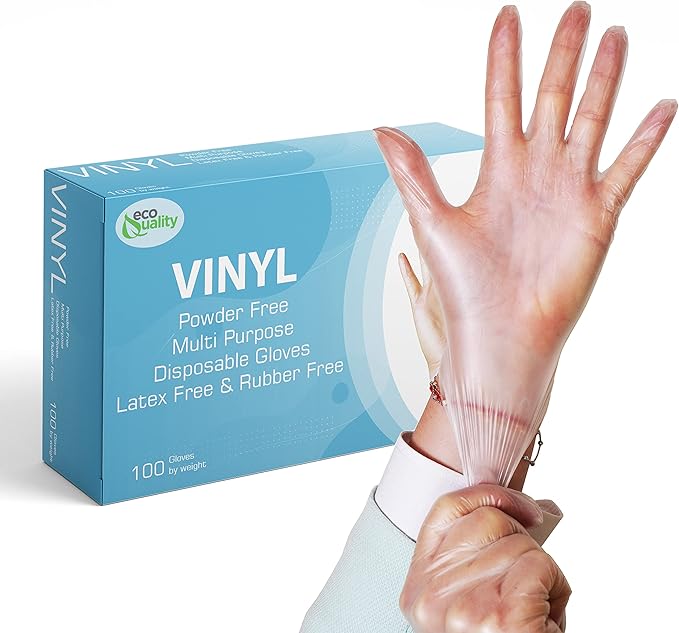 EcoQuality Disposable Vinyl Exam Gloves, Disposable Latex Free Medical Gloves, Non-Sterile, Food Safe, Powder Free (300, Small)