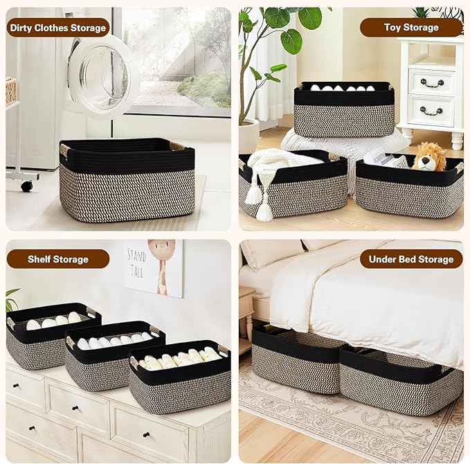 4 Pack Large Storage Basket for Organizing, 17.5"x13"x7" Woven Basket for Shelves, Closet Cube Storage Bins with Wrapped Handle, Cotton Rope Baskets for Kitchen, Clothes, Toys(Black & Brown)