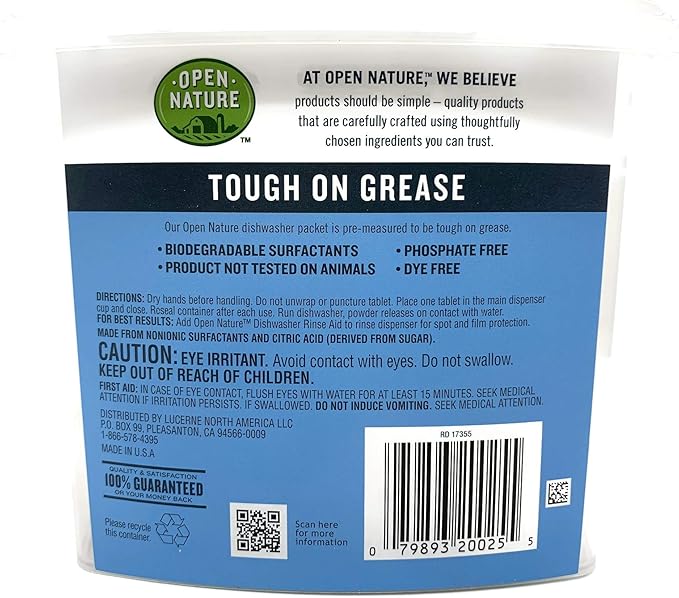 Open Nature Earth Friendly Dishwasher Detergent Packets, Biodegradable, Dye & Fragrance Free (60 Packets)
