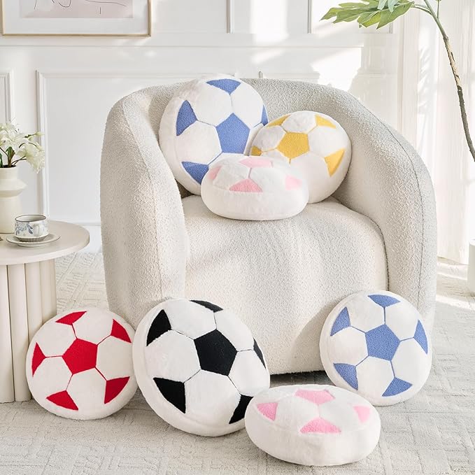 Soccer Pillow,15" Soccer Shaped Pillow Floor Cushion Seating Cushion with Faux Rabbit Fur,Round Soccer Throw Pillow Room Décor for Sofa Couch Living Room (Red)