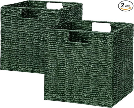 Vagusicc Wicker Storage Basket, Set of 2 Hand-Woven Paper Rope Wicker Basket, Foldable Cube Storage Bins, 9 inch Square Storage Baskets for Organizing Shelves & Decor, Green (9″×9″×9″)