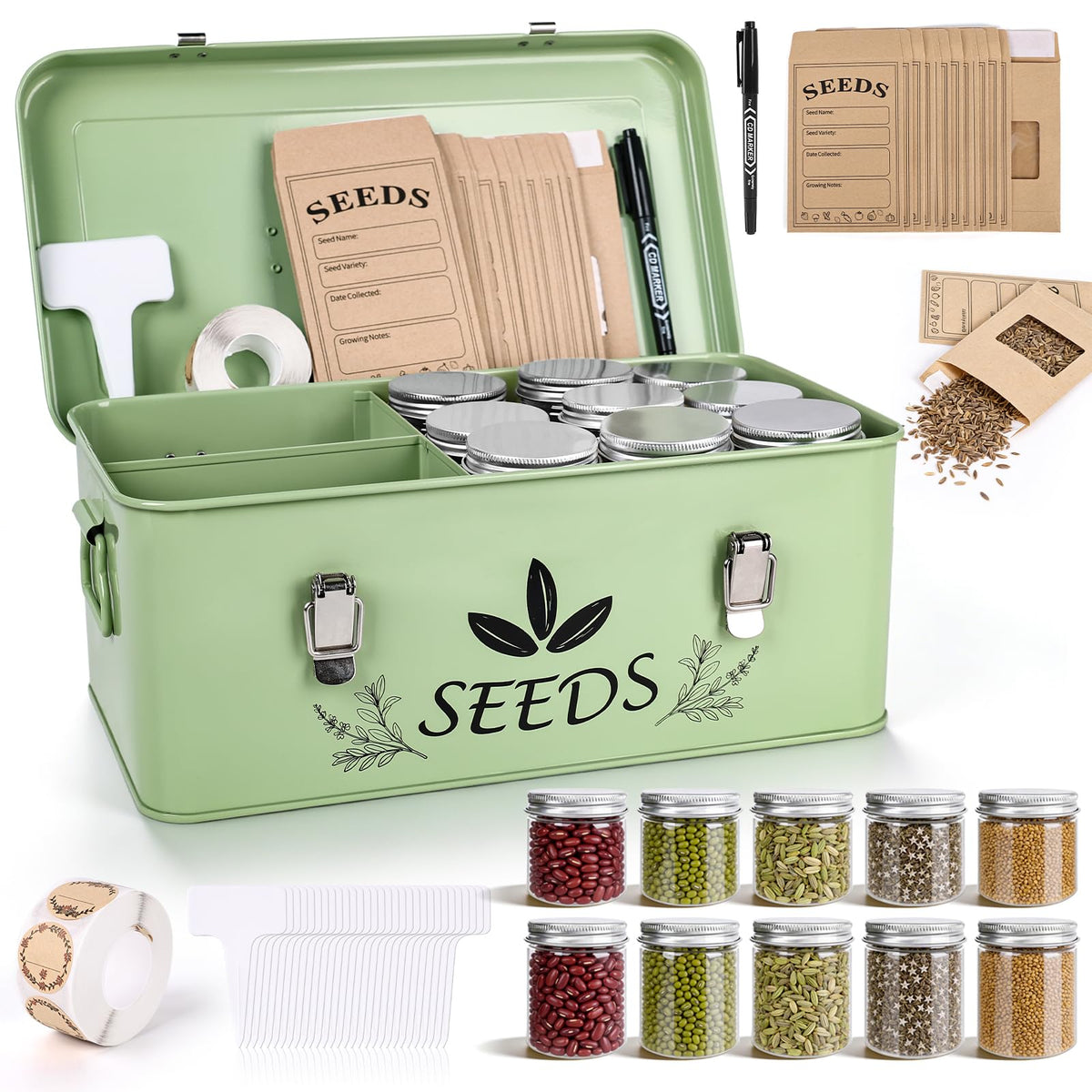 Seed Storage Organizer, Metal Garden Seed Storage Box Kit - Image 1