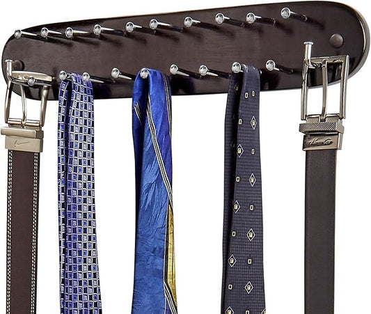 Richards Homewares Tie Rack Wall Mounted - Wood Tie Organizer for Closet 21 Chrome Hooks Storage and Organization Hnager Walnut