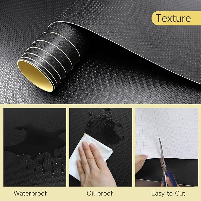 WochiTV Adhesive Shelf Liner 17.5 X 120 Inches Peel and Stick Kitchen Liner for Cabinets, Drawers Removable Protector Mat Waterproof Contact Covering for Dresser Pantry Countertops Shelves, Black