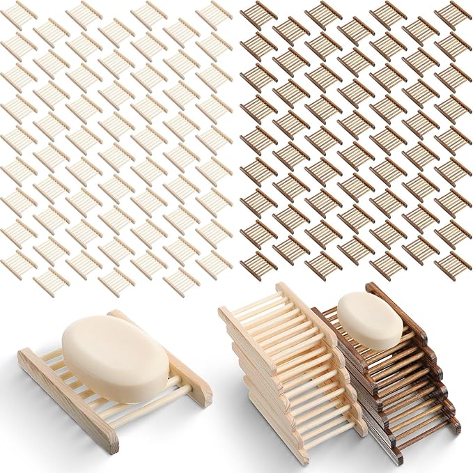 Rtteri 120 Pieces Bamboo Wood Soap Dish Tray Bathroom Wooden Soap Holder Handmade Bathtub Shower Dish Accessories for Home Bathroom Kitchen Sponge Scrubber