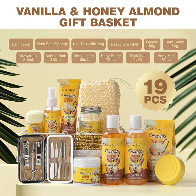 Bath & Body Gift Set, 20pcs Vanilla & Honey Almond Scents Bath Gift Baskets Home Spa Gift, Bath Spa Kit For Women and Men Luxury Home Spa Bath Gift Basket, Skin Care Gift Set, Spa Gifts, Pamper Gifts