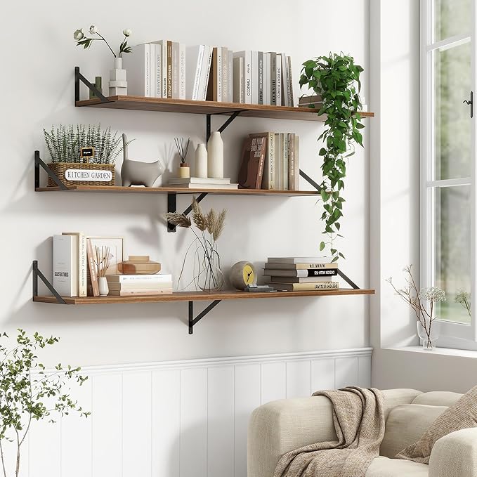 12 Inch Deep Floating Shelves, 30W x 12D Wall Shelves with Brackets, Walnut Floating Shelves 30 Inch Long, Rustic Wood Wall Shelf, Wide Storage Display Shelf for Kitchek, Living Room, Bathroom
