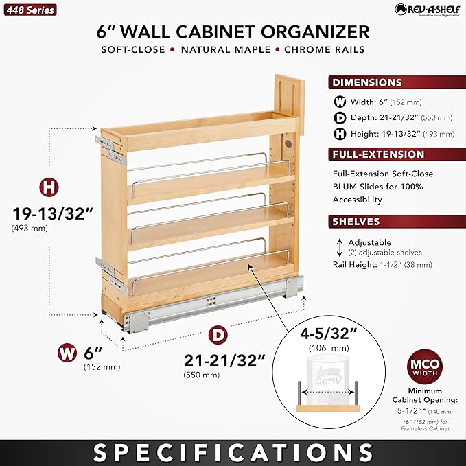 Rev-A-Shelf 5" Pullout Storage Organizer for Base Kitchen/Bathroom Cabinets, Spice Rack/Pantry Shelves with Soft-Close Slides, Wood, 448-BDDSC-5C