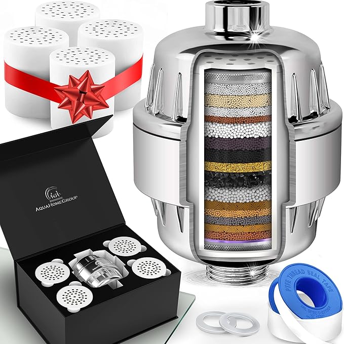 AquaHomeGroup Shower Head Filter – 20-Stage + 5 Replacement Cartridges – Removes Chlorine, Fluoride, and Other Chemicals – Vitamin C, E & A Shower Filter for Glowing Skin & Hair