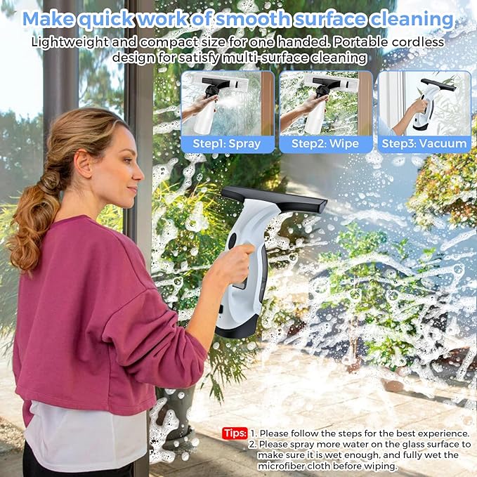 Cordless Window Vacuum Cleaner, Window Cleaner Squeegee Tool Set, Electric Windown Spray Cleaning Tool with 10 inch Squeegee Blade for Showers,Glass,Countertops,and Tiles, 2200mAh (Black White)