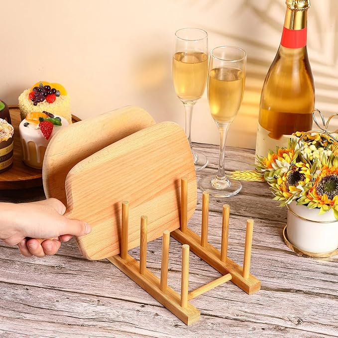 6 Pcs Bamboo Dish Rack 8 Slots Wooden Plates Rack Drying Organizer for Cabinet Classroom Book Organize Pot Lid Holder Bowl Cup Cutting Board Wood Display Stand for Kitchen Cabinet Storage Organizer