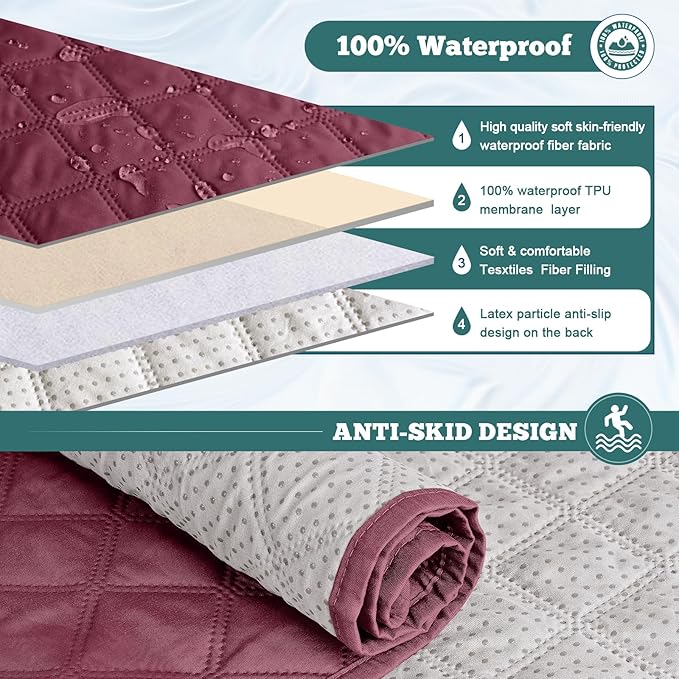 Ruaozz Waterproof Recliner Sofa Covers, 1-Piece Couch Covers for Reclining Couches Reclining Couch Cover Washable Furniture Protector with Elastic Straps Pocket for Kids Pets (Wine, 3 Seater)