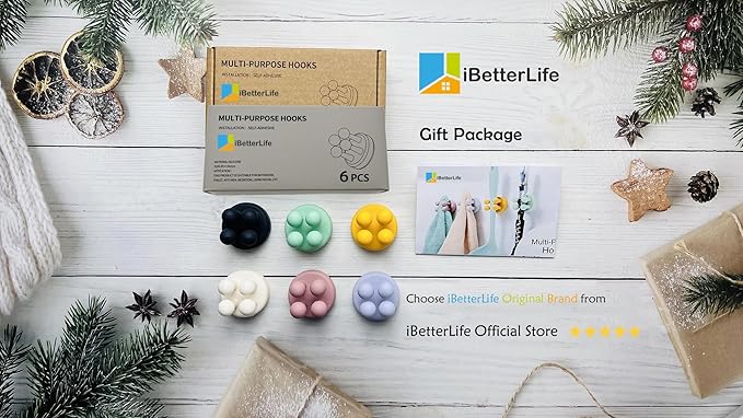 iBetterLife Self-adhesive Silicone Hook Holders - 6Pcs Mounted to Wall for Clipping Hanging Toothbrush Razor Towel Key Plug Cable, Utility Holders for Kitchen Bathroom Home Office Dorm Room Essentials