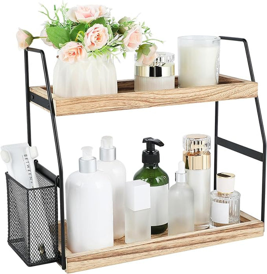 Bathroom Counter Organizer, 2-Tier Standing Storage Shelf with Basket, Wood Tray for Skincare Vanity Organizer