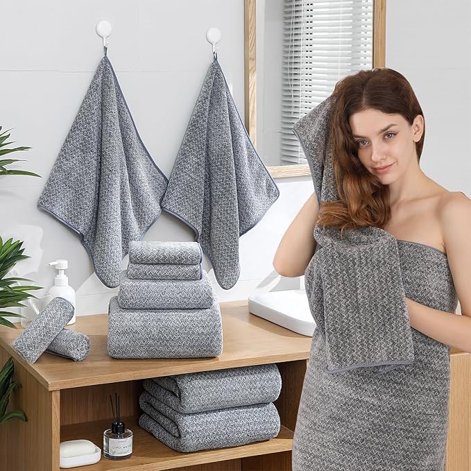 Ycosy 18 Piece Bath Towels Set,100% Microfiber Family Bathroom Towel with Hanging Loops-6 Bath Towels,6 Hand Towels,6 Washcloths,Quick Dry Highly Absorbent Shower Towel for Bathroom,Hotel,Spa-Grey