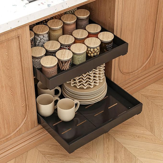 2 Pack Expandable Pull Out Cabinet Organizer, 21" Depth, for Kitchen Cabinets, Upgrade 3 Slide Slide-Out Drawers, Adjustable Width 12.05" - 20.5", Black