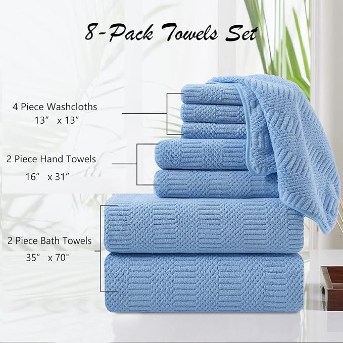 8 Piece Oversized Blue Bath Towel Set-2 Extra Large Bath Towel Sheets,2 Hand Towels,4 Washcloths-600GSM Soft Highly Absorbent Quick Dry Beach Chair Towels Woven Towels for Bathroom Hotel and Spa