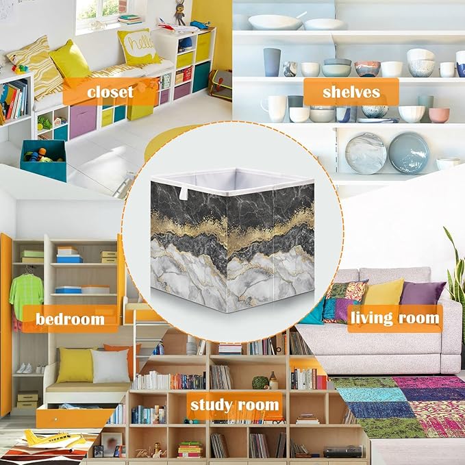 Bolaz Gold Black Marble Closet Organizers Storage Cubes Storage Bins Shelf Baskets Containers for Home Kids Room Toys Office,Rectangle