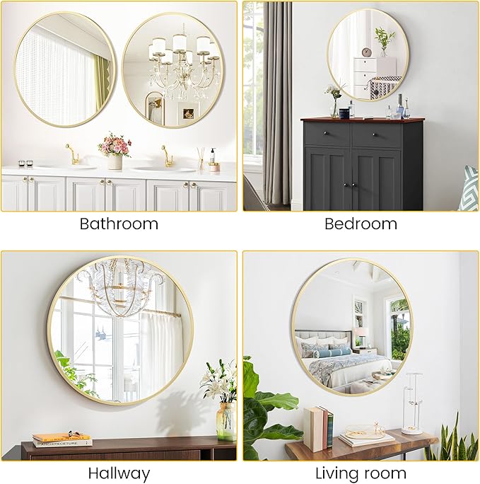 24 in Round Mirror for Wall, Gold Metal Frame Circle Mirror, Round Bathroom Mirror for Wall Decor, Mirror for Entryway, Vanity, Bedroom, Easy to Install