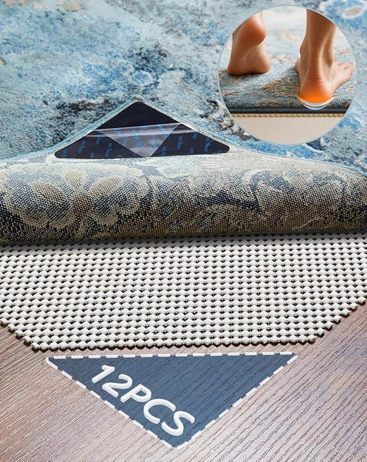 Veken Rug Gripper Pad for Hardwood Floors Tile Floors, 12 Pcs Rug Tape, Thick Cushion Non Slip Rug Pads for Area Rugs, Under Carpet Anti Skid Mat, Keep Your Rugs Safe and in Place, 2x3 Ft
