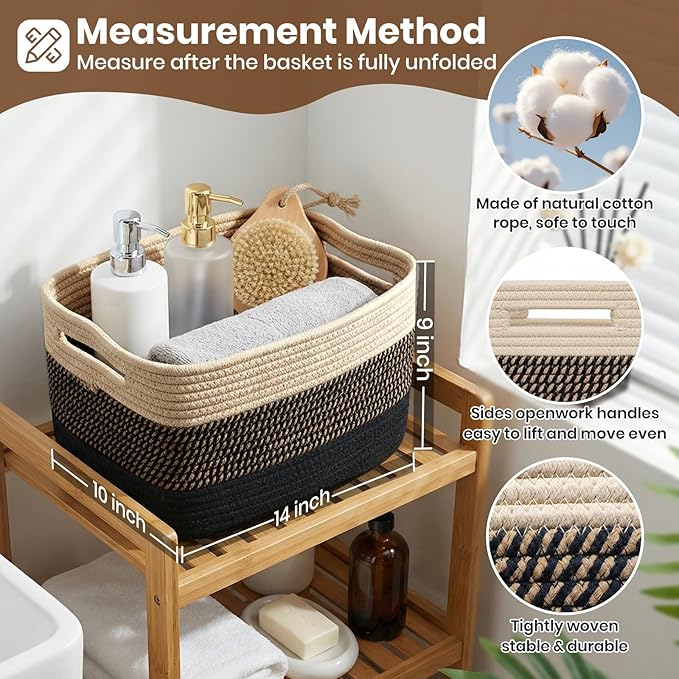 Storage Baskets for Organizing, 14 x 10 x 9” Closet Shelf Woven Baskets, Square Bins with Handles, Cotton Rope Basket for Toys, Clothes, Office, Room, Black+Brown 3 Pack