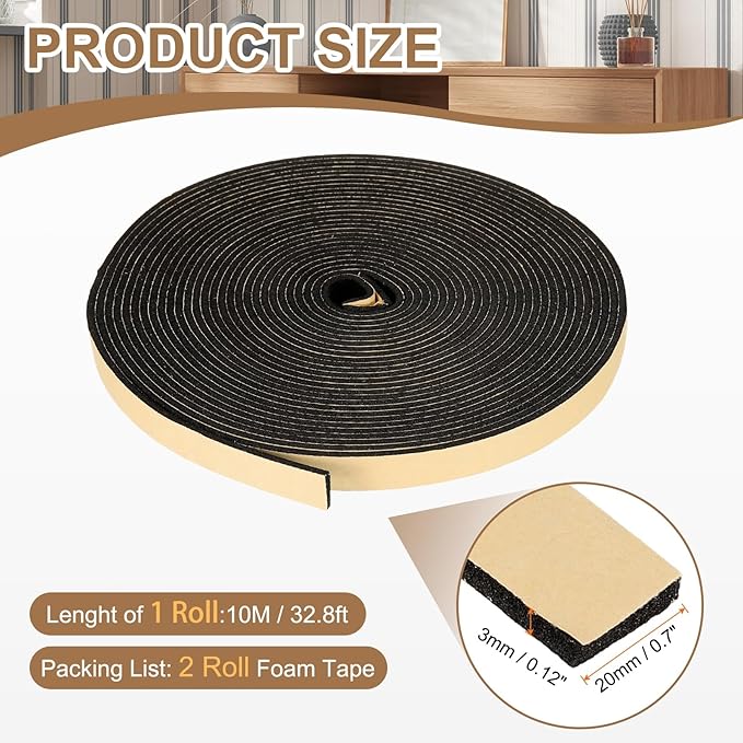 PATIKIL Foam Insulation Tape, 2Pcs 3/4" W x 1/8" t x 32.8FT Self Adhesive Weather Stripping Door Seal Strip for Door Window Air Conditioning, Black