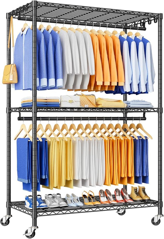 P8 Heavy Duty Clothes Rack（With Extended Width Design） Rolling Clothing Racks for Hanging Clothes，Portable Garment Rack with Lockable Wheels，51.2" W x 15.8" D x 80.5" H，Max Load 700LBS，Black