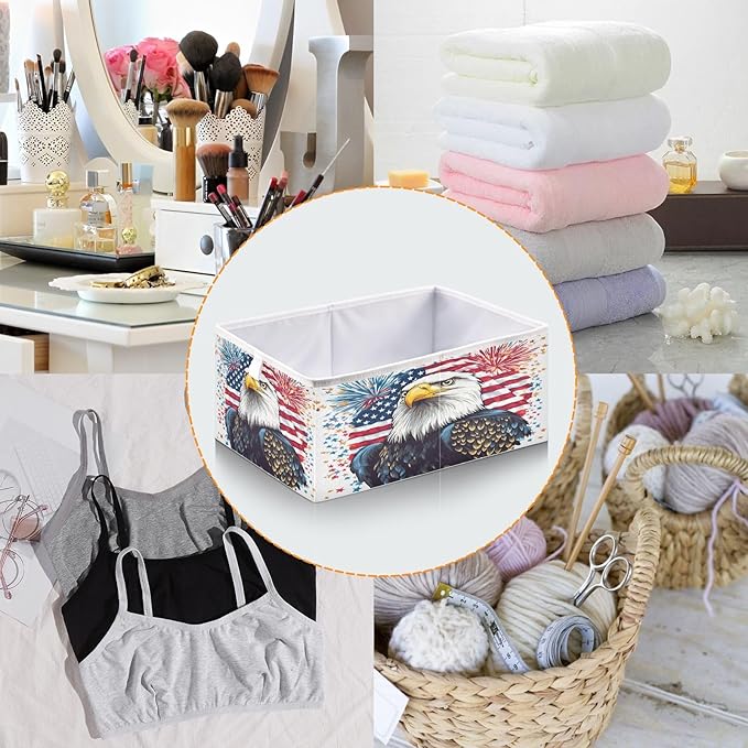Bald Eagle Fireworks American Flag Closet Organizers Storage Cubes Storage Bins Shelf Baskets Containers for Home Room Office,Square