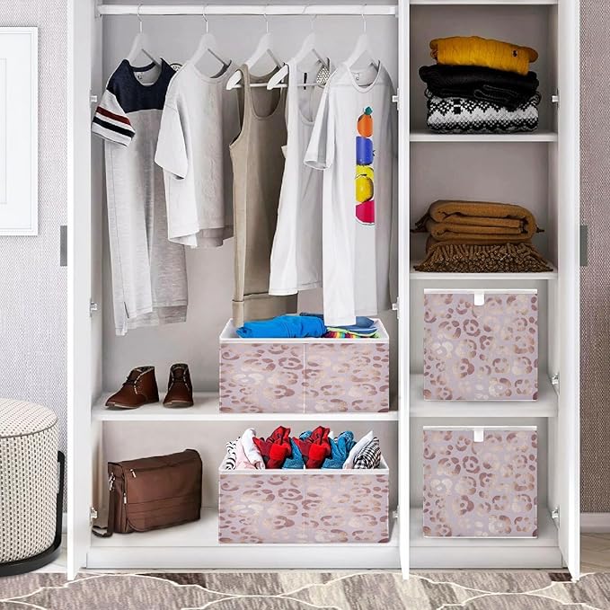 Bolaz Leopard Print Cheetah Rose Gold Closet Organizers Storage Cubes Storage Bins Shelf Baskets Containers for Home Kids Room Toys Office,Square