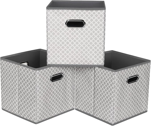 Fabric storage bins Cubes, Fabric Cube Organizer with Handle, Foldable Cube Bins for Cloth or Accessary Storage, 11x11x11, Set of 3, (Light Grey)